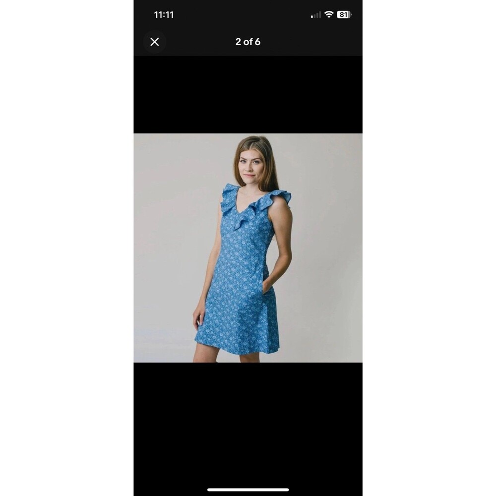 Hope & Henry V-Neck Ruffle Shift Dress Blue Organic GOTS certified Cotton 4